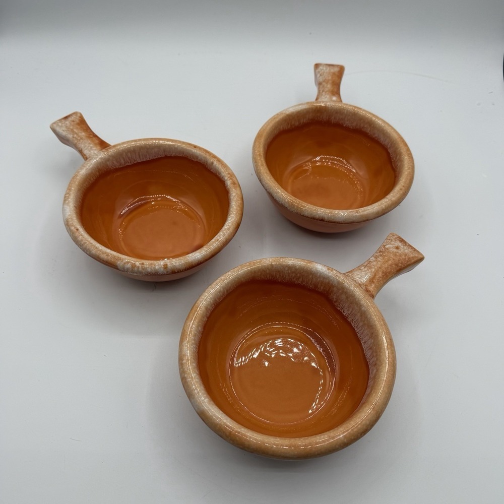 Vintage Set of 3 Hull Orange Tangerine Drip Glazed Chili Soup Bowls w/Handle USA